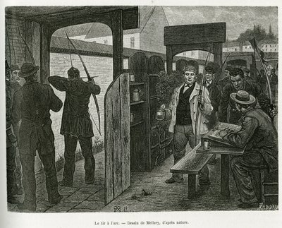 Tiro con arco (o tiro al blanco), casi todos los cafés en Bruselas tienen una calle recta, bordeada de tablas, donde los tiradores uno tras otro vienen y manejan el arma apuntando a un pájaro multicolor falso, el mejor tirador es el rey, estas competencias de Xavier Mellery