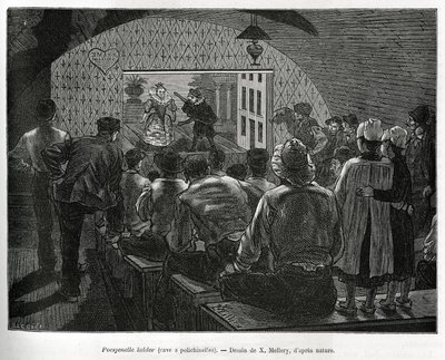 Sótano de Polichinelas, un sótano diseñado para espectáculos de marionetas. Ilustración de la historia de Bélgica, por Camille Lemonnier, publicado en Le tour du monde, editado por Edouard Charton (1807-1890) de Xavier Mellery
