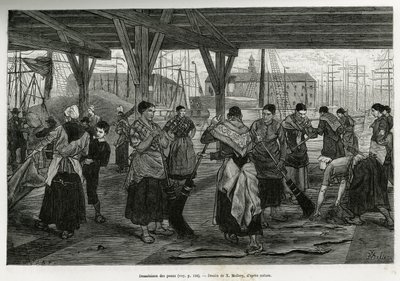 Desalación de las pieles, por mujeres raspando los restos de las bestias estiradas bajo las estructuras de los salones del puerto de Amberes. Grabado por X.Mellery, para ilustrar la historia de Bélgica, por Camille Lemonnier, publicado en el Tour du monde, de Xavier Mellery