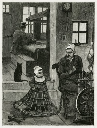 Interior de la vivienda y taller del tejedor, con el tejedor y la rueda, así como un niño con una falda de mimbre que le ayuda a dar sus primeros pasos. Ilustración de la historia “La Belgique”, por Camille Lemonnier (1844-1913) de Xavier Mellery
