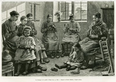 El trenzado de paja en Sluze. Grabado de Xavier Mellery para ilustrar la historia La Bélgica, por Camille Lemonnier, en Le Tour du monde 1886, dirigido por Edouard Charton (1807-1890), Hachette, París. de Xavier Mellery