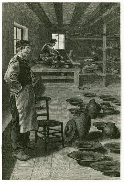 El alfarero de Terneuzen, en su taller, lleno de jarrones y platos, cerca de la ventana, el alfarero trabaja la arcilla en el arnés y su aprendiz, abajo, trabaja el torno. Ilustración de la historia “Bélgica”, en 1888, por Camille Lemonnier (1844-1913) de Xavier Mellery