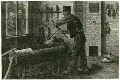 El saboteador de Terneuzen, tiene su establecimiento, agranda y excava la madera mediante cramms. Grabado por X. Mellery, después de la naturaleza, para ilustrar la historia "Bélgica", en 1888, por Camille Lemonnier (1844-1913), crítico de arte y escritor. de Xavier Mellery