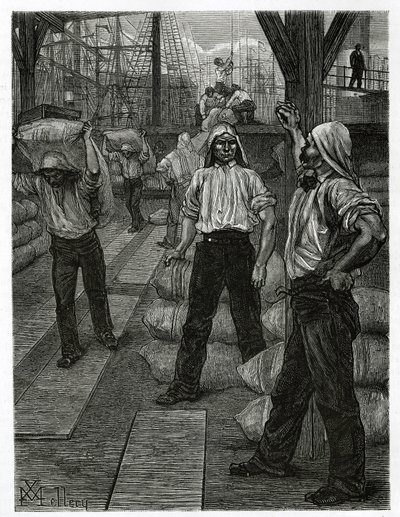 La descarga de un barco, los estibadores con sus cabezas cubiertas con una gorra de alquitrán, apilan las mercancías en los muelles del puerto de Amberes. Grabado de X.Mellery, para ilustrar la historia de Bélgica, por Camille Lemonnier, publicado en el To de Xavier Mellery