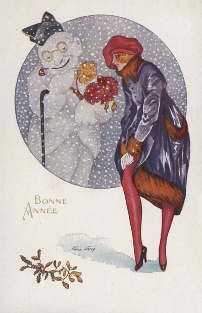 Tarjeta de Año Nuevo con una niña y un muñeco de nieve de Xavier Sager