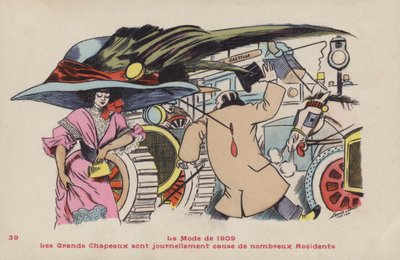 Postal satírica sobre los peligros de los sombreros grandes y los alfileres de sombrero, moda de 1909 de Xavier Sager