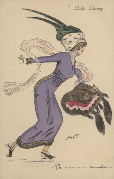 Niña bonita, vestida extravagantemente, patinando sobre ruedas de Xavier Sager