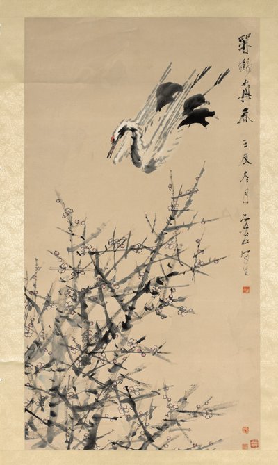 Flores de ciruelo, grulla y primavera, dinastía Qing de Xugu