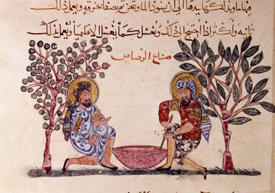 La fabricación de plomo. Página de “Maqamat” (Seances), poema picaresco del siglo XI del poeta árabe Abu Mohammed al-Kasim ibn Ali Hariri (o Al-Hariri) (1054-1122) ilustrado por Al-Wasiti de Yahya ibn Mahmud Al Wasiti