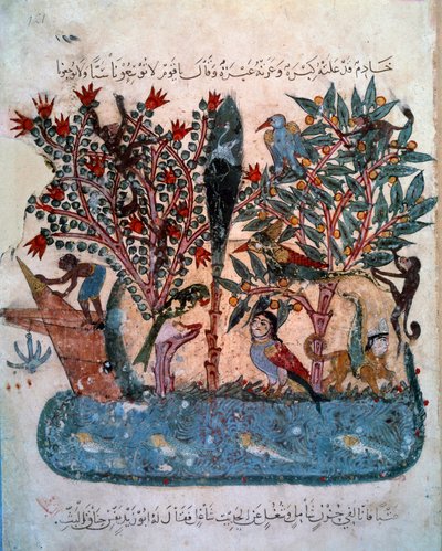 La isla misteriosa poblada de animales extraños. Miniatura del “Maqamat” (Sesiones) de Abu Mohammed al-Kasim ibn Ali Hariri, iluminado por Yahya Mahmud al-Wasiti en 1237, París, B.N. de Yahya ibn Mahmud Al Wasiti