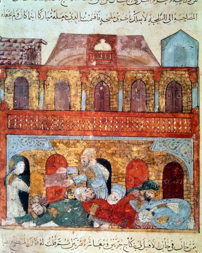 El navegante vagabundo Abu-Zayd y los comerciantes dormidos. Miniatura del Maqamat (Seances) de Abu Mohammed al-Kasim ibn Ali Hariri (1054-1122) iluminada por Yahya Mahmud al-Wasiti de Yahya ibn Mahmud Al Wasiti