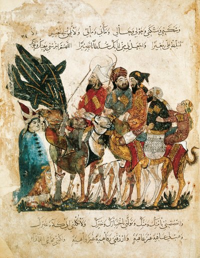 Caravana de comerciantes árabes, miniatura del Maqamat (Las reuniones) de Al-Hariri, c.1240 de Yahya ibn Mahmud Al Wasiti