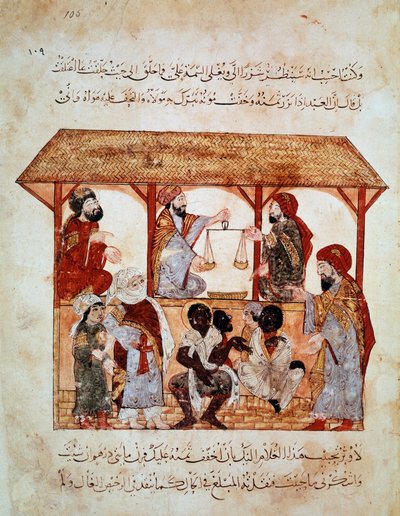 Marcha de esclavos en Zabid (Zebid), Yemen. Miniatura en “Las Sesiones. Al-Maqamat” (Folio 105) iluminada por Yahya ben Mahmud al-Wasiti y escrita por Hariri al-Basri, al-Qasim ibn Ali al (1054-1122) de Yahya ibn Mahmud Al Wasiti