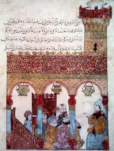 El navegante errante Abu-Zayd en la Mezquita de Basora. Miniatura de las “Maqamat” de Abu Mohammed al-Kasim ibn Ali Hariri (1054-1122) iluminada por Yahya Mahmud al-Wasiti de Yahya ibn Mahmud Al Wasiti