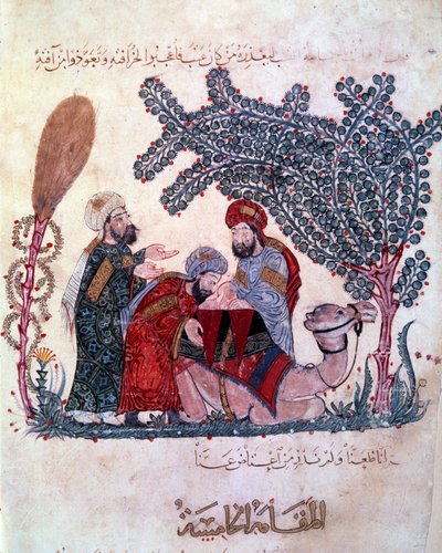 El burgués al-Harith, hijo de Hammam, descubre un mensaje del navegante errante Abu-Zayd. Miniatura tomada de las “Maqamat” de Abu Mohammed al-Kasim ibn Ali Hariri (1054-1122) iluminada de Yahya ibn Mahmud Al Wasiti
