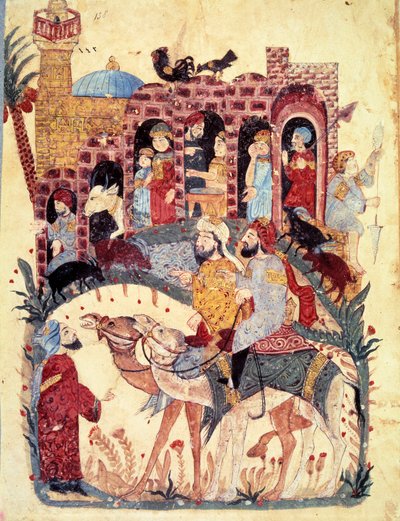 El burgués al-Harith y el navegante errante Abu-Zayd llegan a una ciudad, se describen la mezquita y el minarete, actividades comerciales, bazares y trabajos de mujeres. Miniatura del “Maqamat” (Sesiones) de Yahya ibn Mahmud Al Wasiti