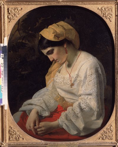 Una novia joven (Una novia). Retrato de perfil de una joven triste con expresión resignada. Pintura de Yakov Fyodorovich Kapkov (1816-1854), óleo sobre lienzo de Yakov Fyodorovich Kapkov