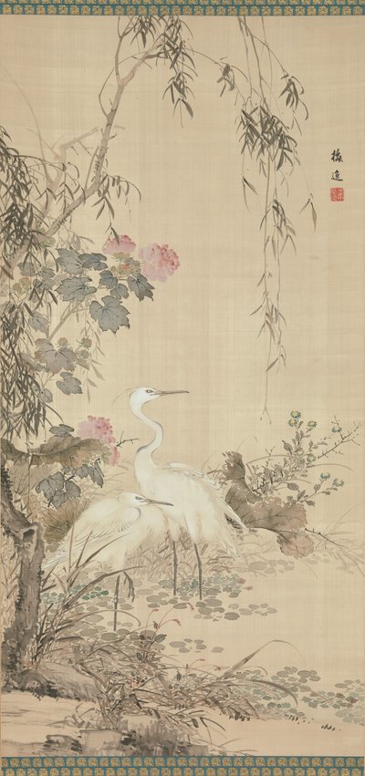 Garzas, peonías y sauces de Yamamoto Baiitsu