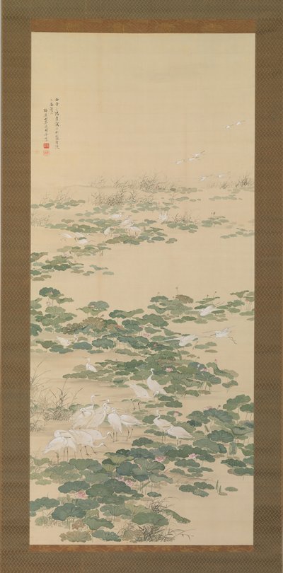 Garzas en un estanque de lotos, 1852 de Yamamoto Baiitsu