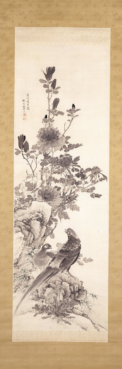 Peonías y faisanes dorados (tinta sobre seda) de Yamamoto Baiitsu