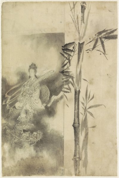 Diosa del trono sobre un dragón y un tallo de bambú de Yamamoto Shinryo Baiitsu