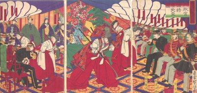 Comandantes recibiendo las copas del emperador, 1886 Meiji 19 de Yamazaki Toshinobu