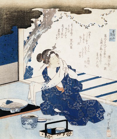 Cortesana con yukata (kimono de algodón azul y blanco), panel de pared decorado con poema de Yanagawa II Shigenobu