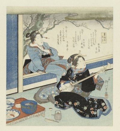 Geisha tocando el shamisen Incienso negro (título sobre el objeto) de Yanagawa Shigenobu (II)