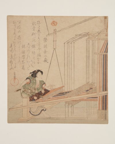 Mujer tejiendo en un telar de Yanagawa Shigenobu