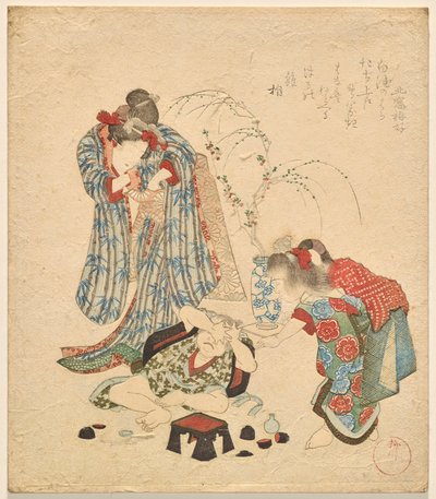 Dos niñas con su hermanito que derribaron el set de sake de Yanagawa Shigenobu II