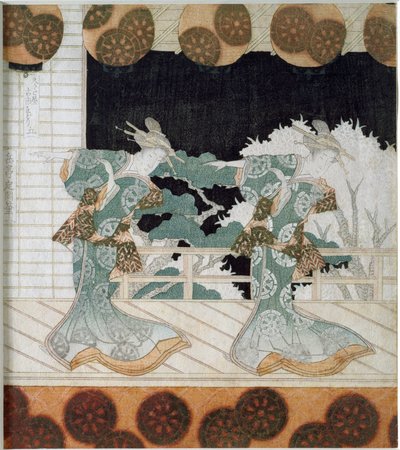 Bailarines en traje tradicional en una escena (grabado japonés 