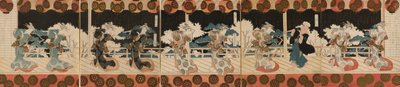 Cortesana bailarina y un hombre (posiblemente poeta Hisakataya), Dos, de la serie de pentápticos del "Espectáculo de danza Furuichi (Furuichi odori)" para el Club de Poesía Hisakataya. de Yashima Gakutei