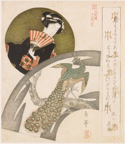 Geisha y pavo real en flor de ciruelo Una serie de diez grabados para Honchôren (título de la serie) Honchôren jûbantsuzuki (título de serie sobre objeto) de Yashima Gakutei