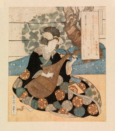 Dama tocando un instrumento, c.1804-40 (xilografía en color) de Yashima Gakutei