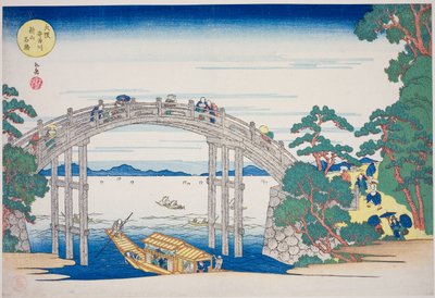 El puente de piedra sobre el río Aji cerca de la colina Nii, Osaka, de la serie "Lugares famosos en Osaka: Bellas vistas del monte Tenpo" de Yashima Gakutei