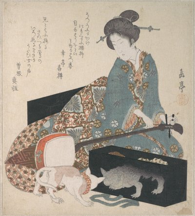 Mujer afinando un shamisen y gato mirando su propio reflejo de Yashima Gakutei