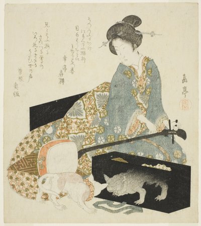 Mujer con Shamisen y Gato de Yashima Gakutei
