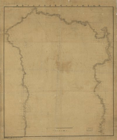 Relieve mostrado por líneas de forma. Orientado con el norte hacia la parte superior izquierda. Disponible también a través del sitio web de la Biblioteca del Congreso como imagen rasterizada. xg19 2009-09-15 corregido 100 campo 嶺 sustituido en el título;  de Yasuaki Oka