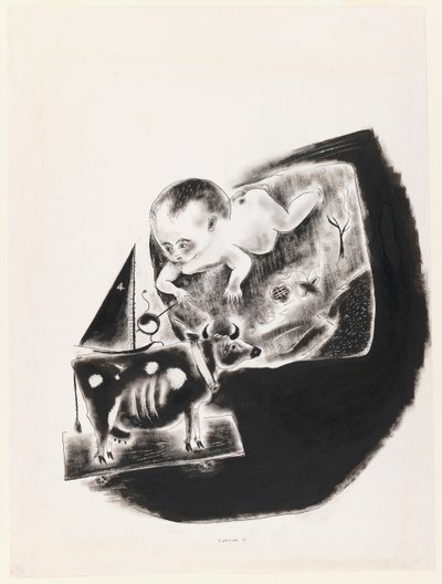 Bebé y vaca de juguete de Yasuo Kuniyoshi