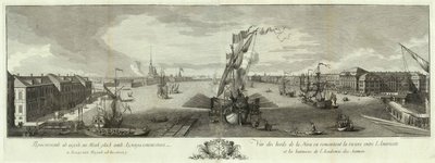 Vista del Neva río abajo desde la Almirantazgo y la Academia de Ciencias, Libro del 50 aniversario de San Petersburgo, 1753 de Yefim Grigoryevich Vinogradov