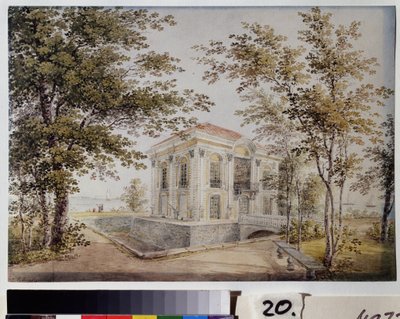 El pabellón del Hermitage en Peterhof. Este pabellón, también llamado nuevo Monplaisir, fue construido en 1725 por el arquitecto J. F. Braunstein. Obra de Yegor Yegorovich Meier (1822-1867), acuarela sobre papel, hacia 1850. Ar de Yegor Yegorovich Meier