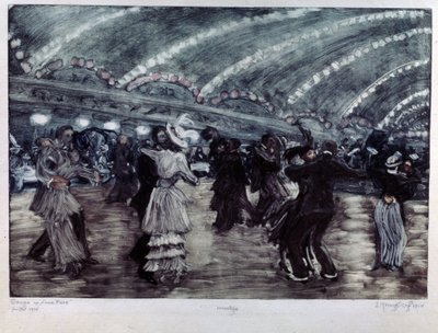 El Tango a Luna Park (Baile de Tango en el Luna Park). Parejas de bailarines en una amplia pista, iluminada desde el techo por guirnaldas de luz. Obra de arte de Yelisaveta (Elisabeth) Sergeyevna Krouglikova (Elizaveta Sergeevna Krouglikova) (1865-1941), g de Yelisaveta Sergeyevna Kruglikova