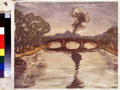 Un barco en el Sena. (Un barco en el Sena). Pintura de Yelisaveta (Elisabeth) Sergeyevna Kruglikova (Elizaveta Sergeevna Krouglikova) (1865-1941), estampe (monotipo) de Yelisaveta Sergeyevna Kruglikova