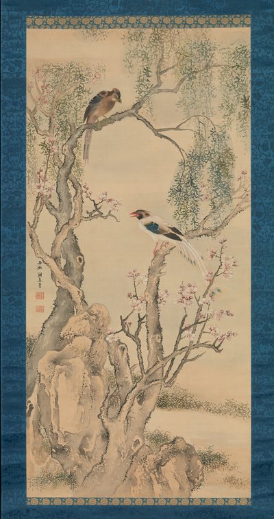 Aves en Sauces y Árbol de Durazno en Flor de Yosa Buson