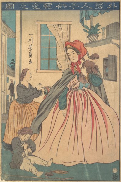 Una Extranjera Disfrutando de Sus Hijos, 1860 10mo mes de Yoshikazu