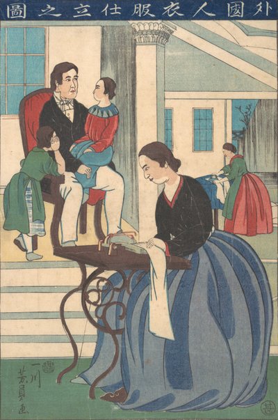 Familia extranjera con esposa haciendo ropa, 1860 de Yoshikazu