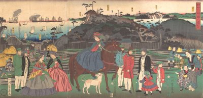 Extranjeros visitando el famoso sitio del Monte Gongen en Kanagawa, segundo mes, 1861 de Yoshikazu