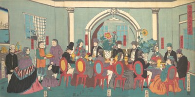 Extranjeros de las Cinco Naciones disfrutando de un banquete de Yoshikazu