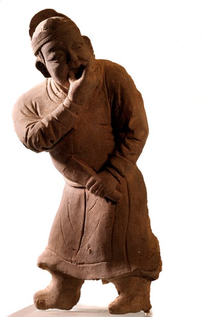 Arte chino: estatuilla de terracota que representa a un actor "silbador" (De Tsiao Tsouo, Honan, Dinastía Yuan, 1271-1368 d.C.) de Yuan Dynasty Chinese School