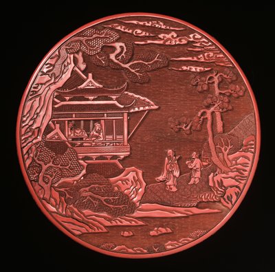 Caja Circular de Cinabrio Tallado con Tapa de Yuan Dynasty Chinese School